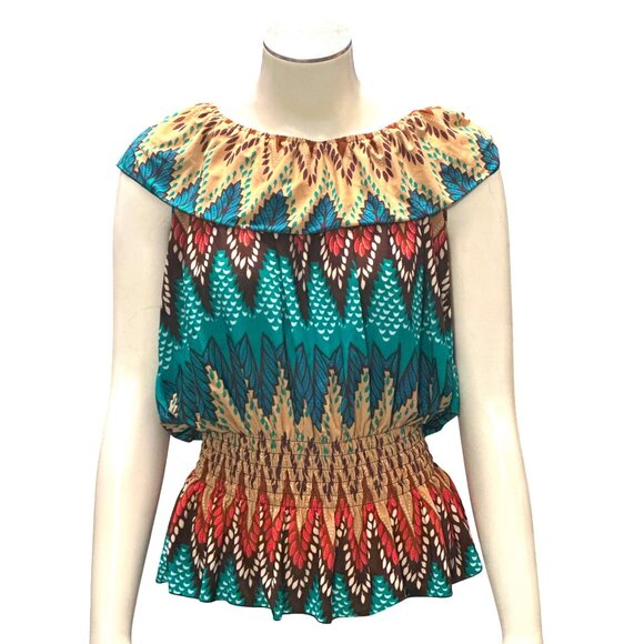 ACE Fashion Boho Peasant Blouse Festival Top Colorful Smocked Waist Ruffle Hem - Picture 1 of 11